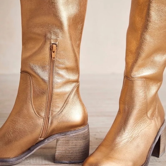 Free People Essential Tall Boot Inside Zipper Gold Metallic Leather - Picture 5 of 11